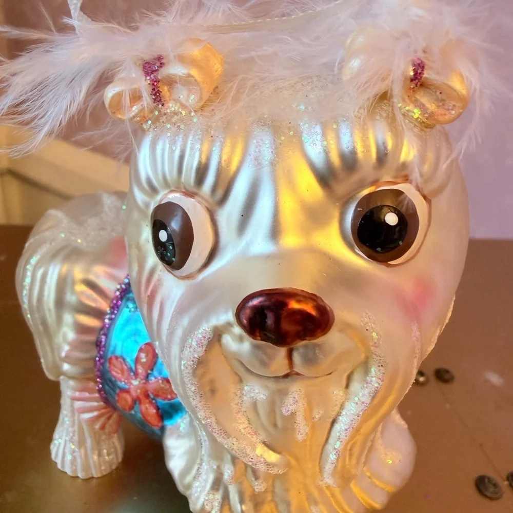 Hand Blown White Lasso Apso with a blue Dress & White Hair Bows Holiday Ornament